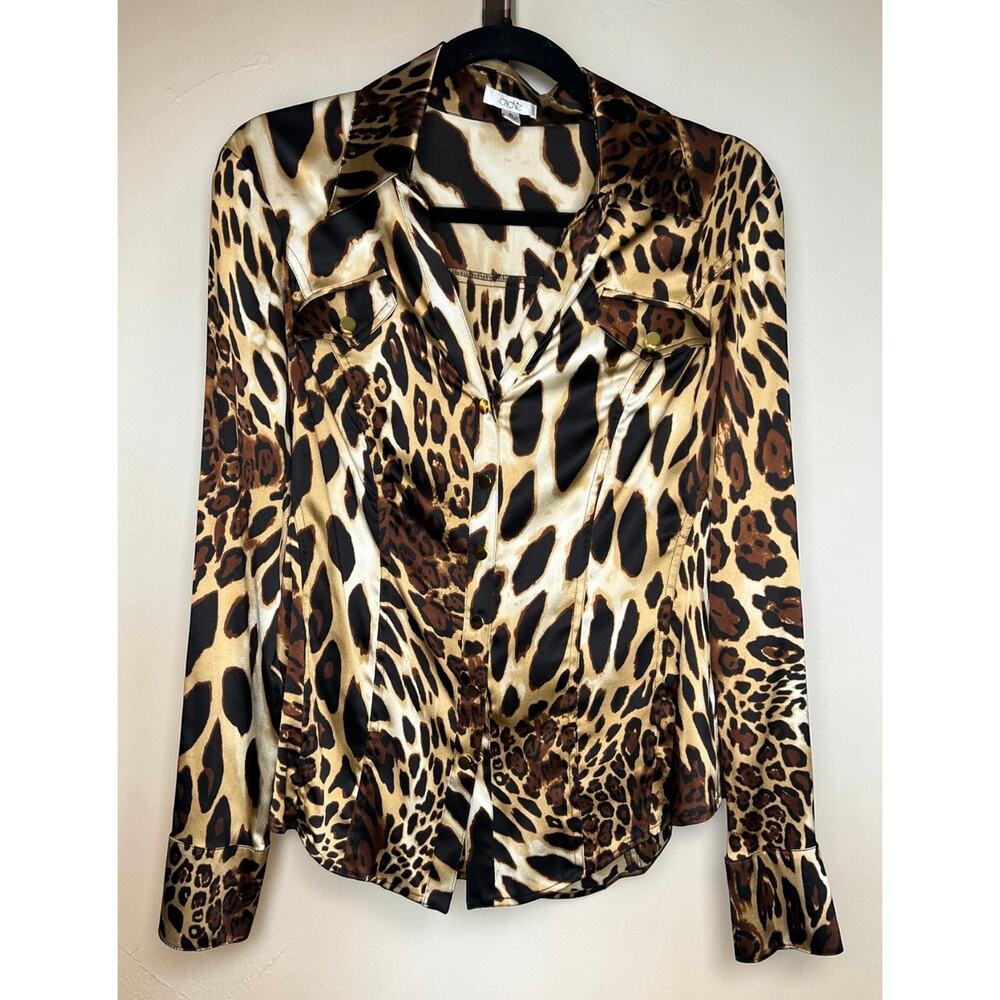 Cache Silk Leopard Print Button Front Blouse Gold… - image 1